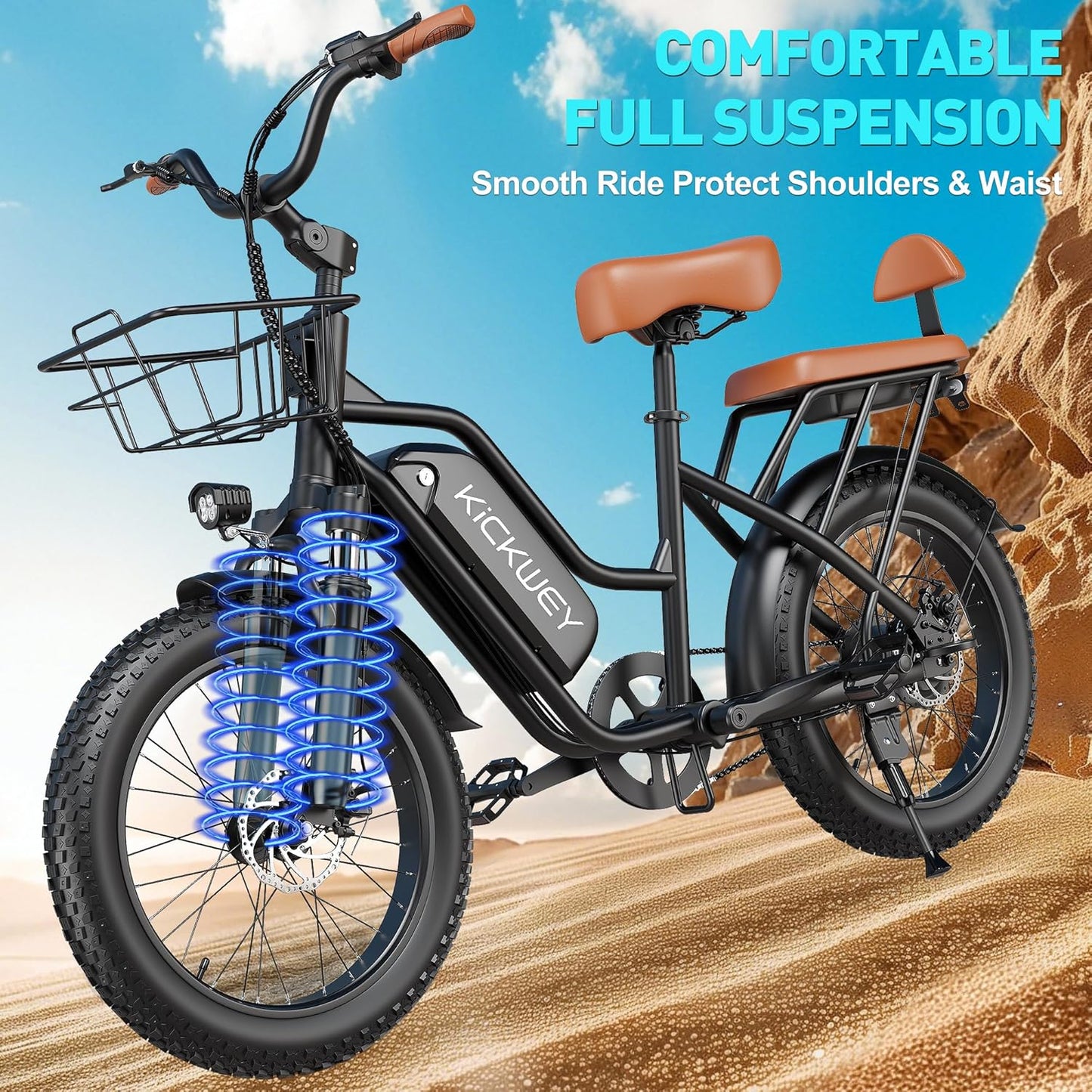 2 Seater Electric Bike Adults,1500W 30MPH 33-70Miles 48V 20AH Removable Battery Ebike 20" x 3.0 Fat Tire Beach Mountain Commuting Electric Bicycles W/Fork Suspension UL2849