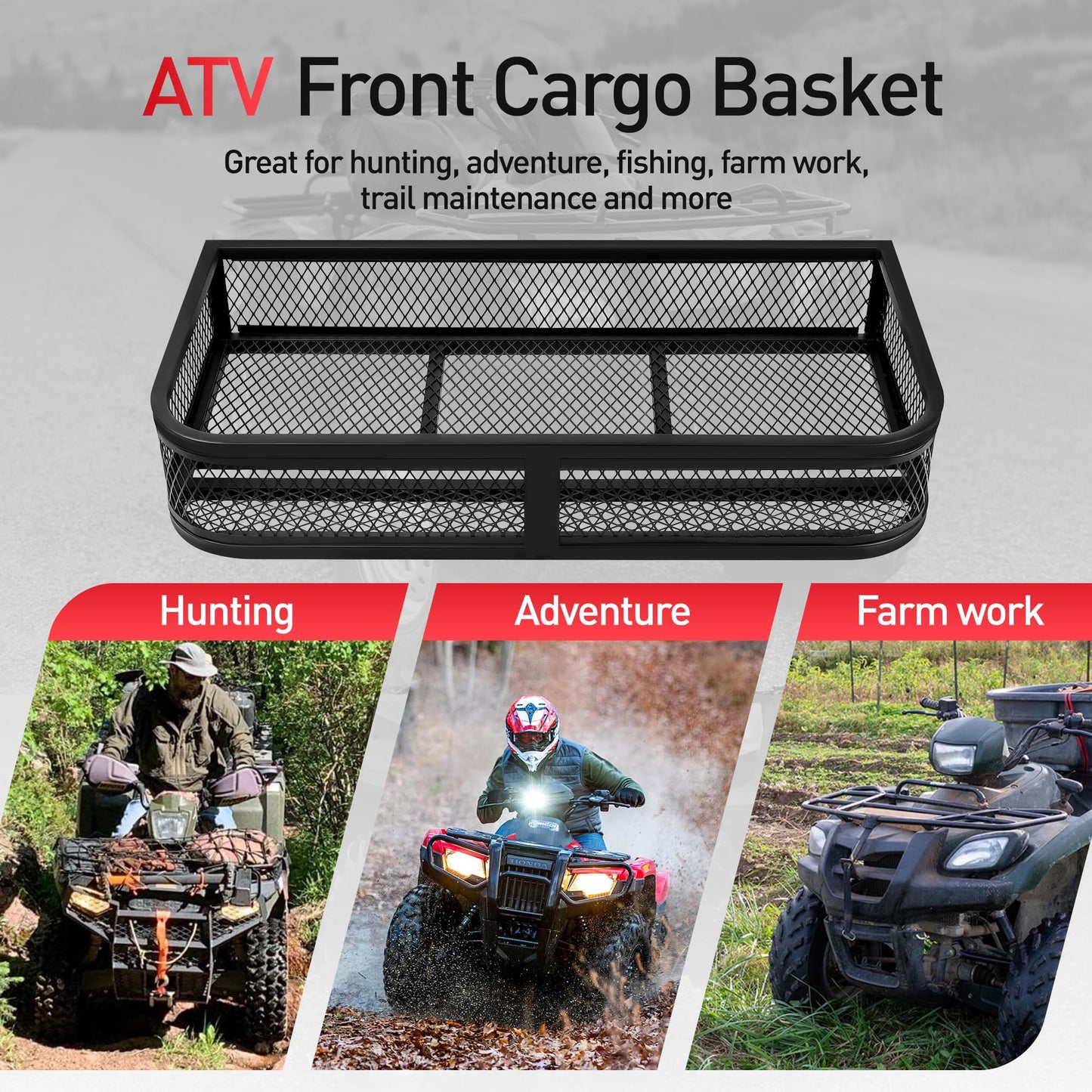JY PERFORMANCE ATV Front Cargo Basket, Heavy Duty ATV Racks and Baskets for Camping, Fishing, Beach Side, Hiking, 36" L x 17.3" W x 6.3" H