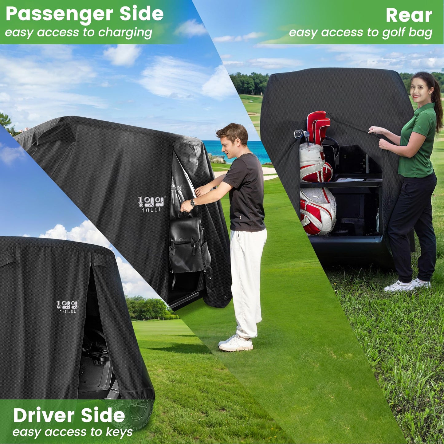 10L0L 2/4/4+2 Passenger Golf Cart Cover Fits for Yamaha EZGO Club Car, 420D Waterproof Durable Polyester Golf Cart Cover with Three Zipper Doors Windproof Sunproof - Black