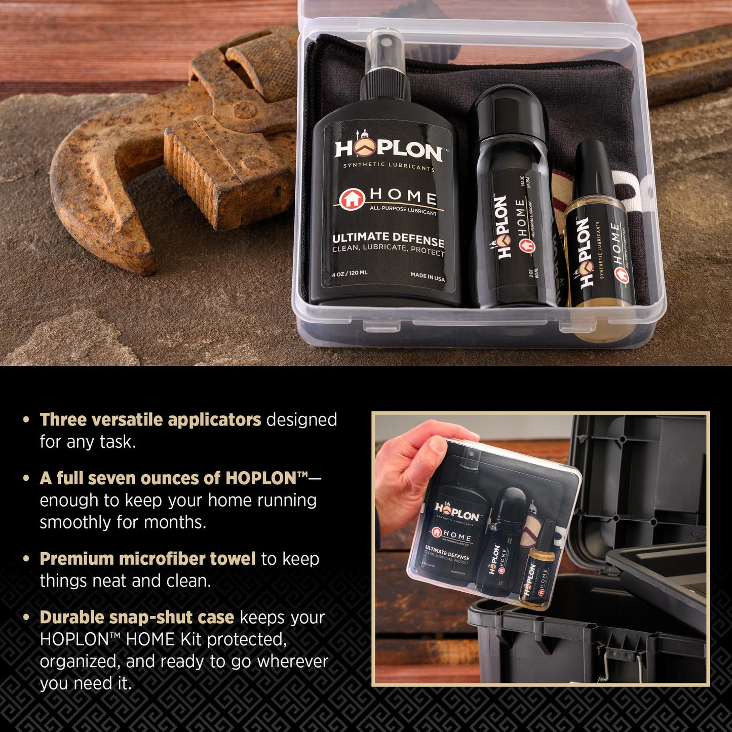 Hoplon Home Kit — Door Hinge Lubricant & Garage Door Maintenance Kit, Hinge Oil, Lock Lubricant & Squeaky Door Fix, Complete Home Lubricant Set with 3 Applicators, Made in USA