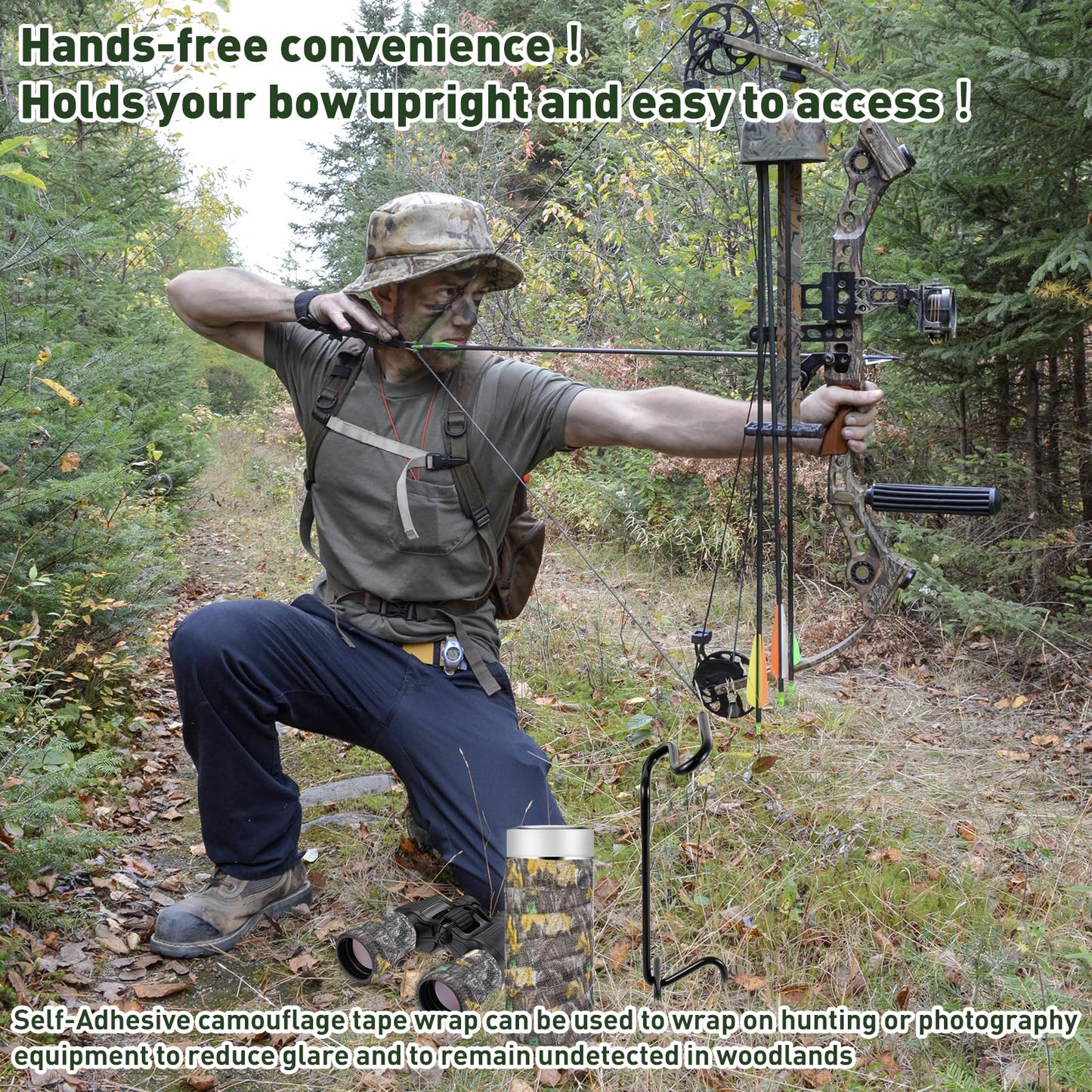 2 Pack Ground Bow Holder, Hunting Blind Bow Holder with Self-Adhesive Camouflage Tape Wrap Bow Holder Archery Ground Stake Bow Holder Rubber Coating Compound Bow Holder for Ground