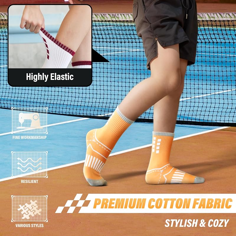 Kids Crew Socks - ANTSANG 6-Pair Athletic Cotton Socks, 9-14 Years, Blue Black Grey Orange
