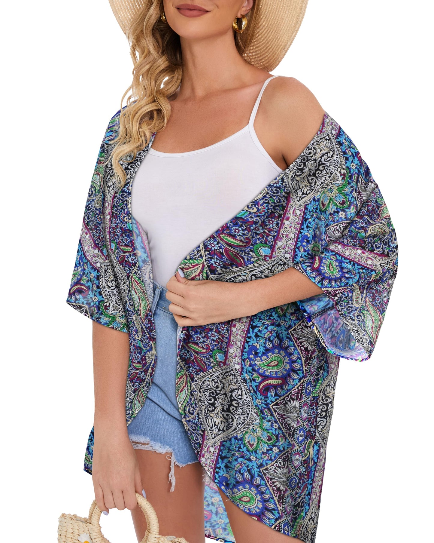 Women's Floral Kimono Print Puff Sleeve Loose Cardigan Cover Up Casual Blouse Tops (Blue Purple Bohemia Print, M)