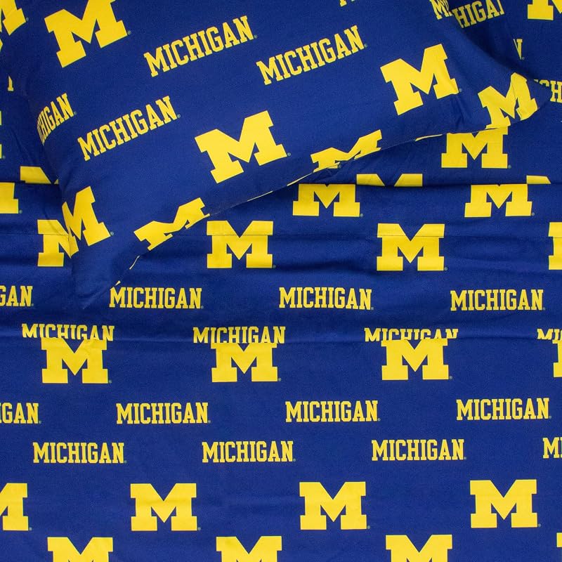 Michigan Wolverines Full Size 4-Piece Sheet Set - 100% Cotton, Flat & Fitted Sheets + 2 Pillowcases