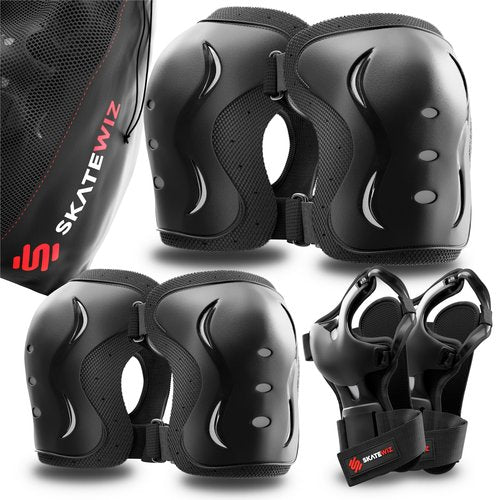 SKATEWIZ Knee and Elbow Pads Adult - Impact Size M Black - Skating Protective Gear Adult - Knee Pads for Women Roller Skating Skateboard Scooter - Skate Protective Gear for Men & Women