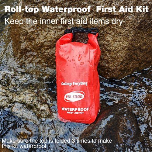 WELL-STRONG Waterproof First Aid Kit Roll Top Boat Emergency Kit with Waterproof Contents for Fishing Kayaking Boating Swimming Camping Rafting Beach Red