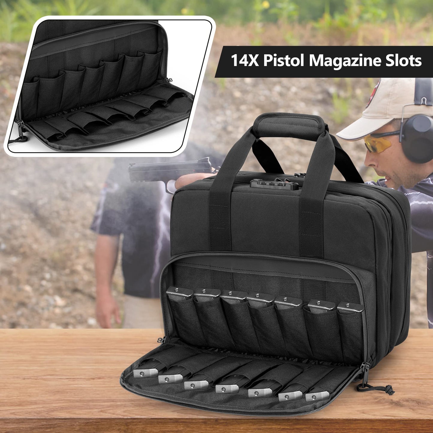 GOBUROS Tactical Gun Range Bag for 4 Handguns and Ammo, Pistol Duffle Bag with TSA Lock and 14x Magazine Slots for Hunting Shooting Range Sport