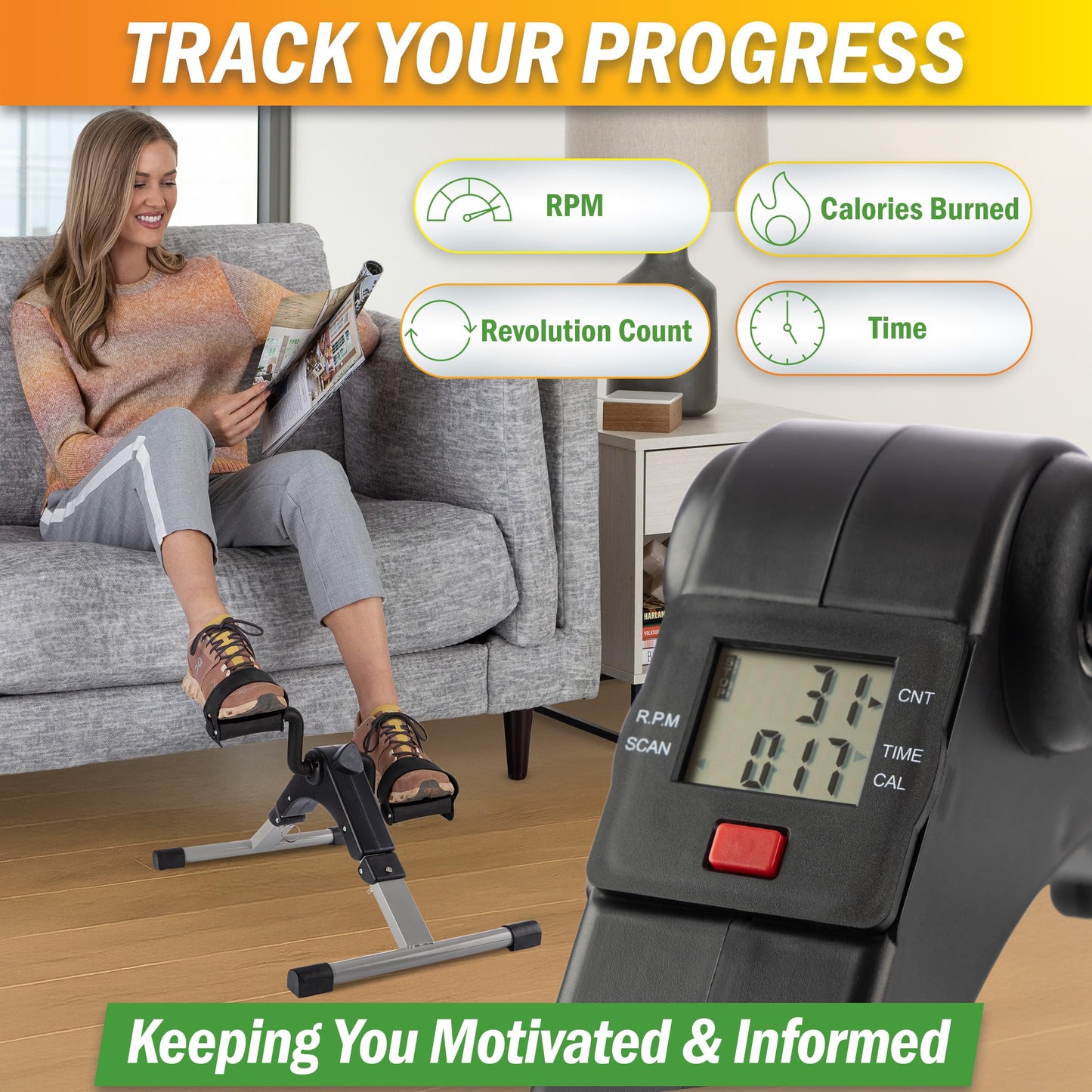 Under Desk Bike Pedal Exerciser with Calorie Tracker and Adjustable Resistance - Mini Foldable Indoor Home Gym Exercise Equipment by Wakeman