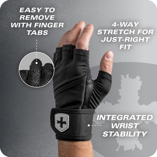 Harbinger Pro Wristwrap Gloves 3.0 - Enhanced Grip, Superior Wrist Support, Breathable 4-Way Stretch Lycra, Durable Leather Palm, Half-Finger Design for Weightlifting, Gym, Black, Large - Men's