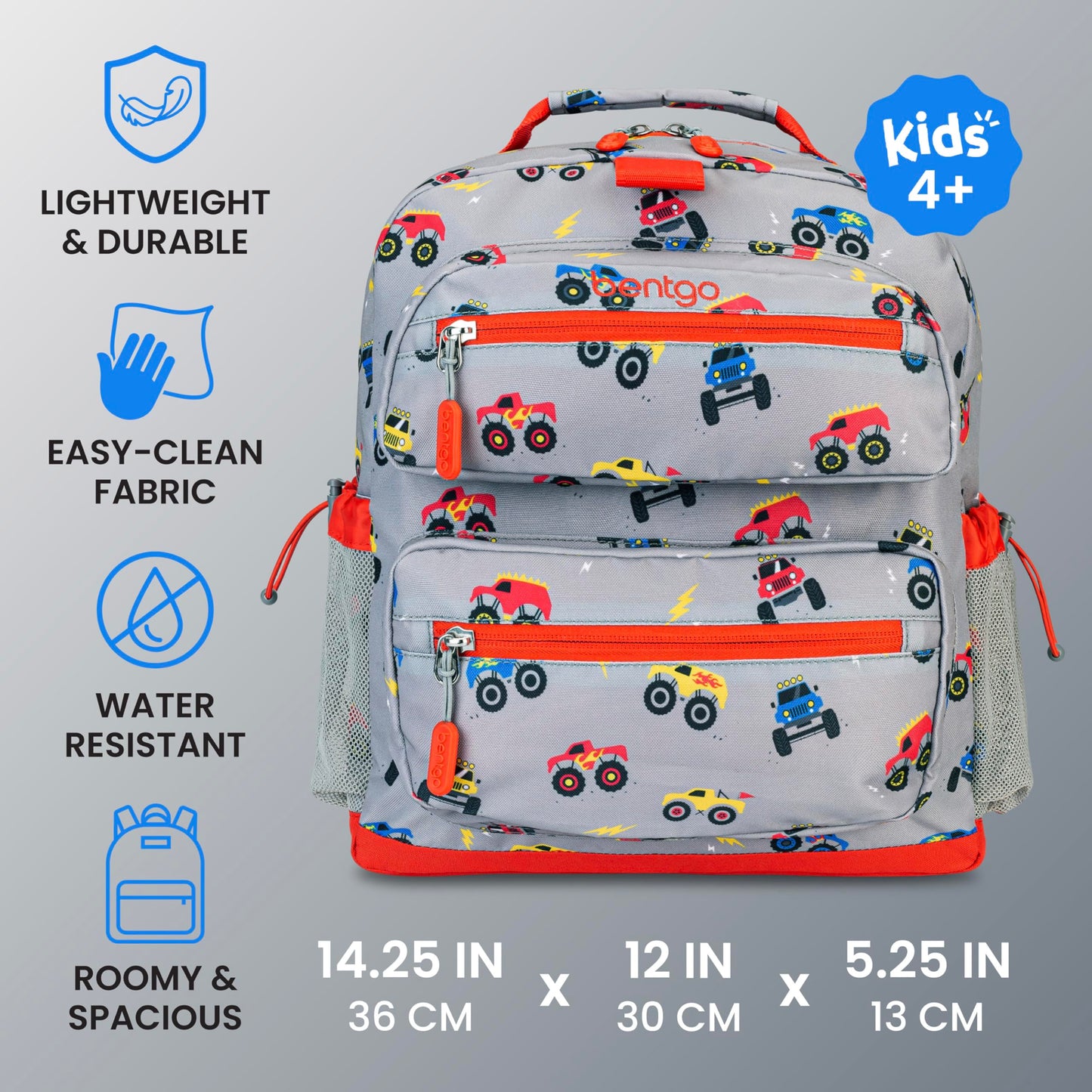 Bentgo Kids Backpack - Lightweight 14” Backpack in Fun Prints for School, Travel, & Daycare, Ideal for Ages 4+, Roomy Interior, Durable & Water-Resistant Fabric, & Loop for Lunch Bag (Trucks)