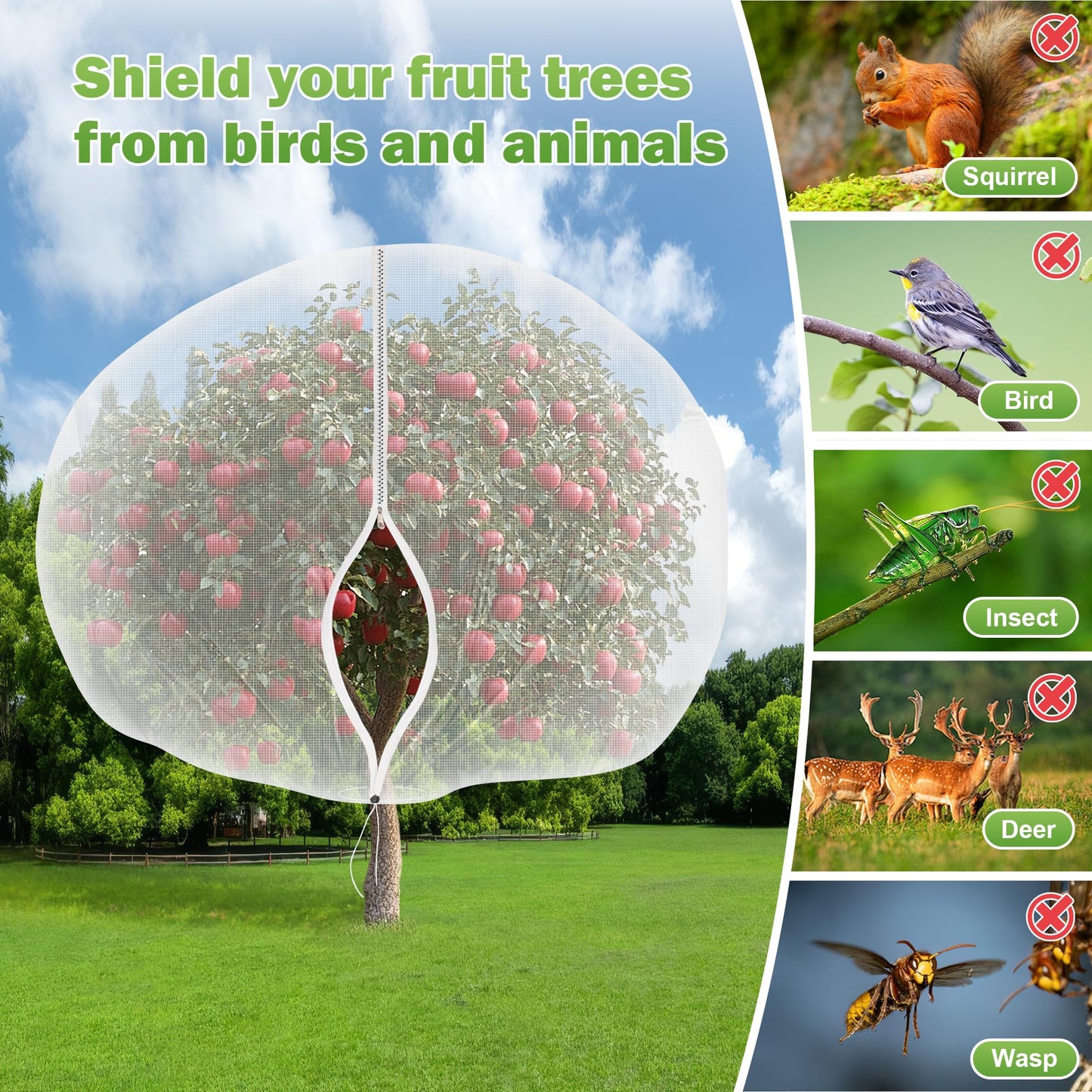 2 Pack 12x12 FT Fruit Tree Netting with Zipper and Drawstring - Heavy-Duty Fine Mesh Garden Bird Netting for Fruit Trees, Protect Fruits from Birds, Squirrels,Insects,Deer & Pests