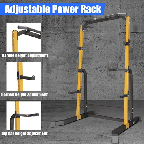 BestHFit Power Cage Squat Rack – Heavy Duty 1000LB Capacity Home Gym System with Adjustable Pull-Up Bar, Safety Spotter Arms & J-Hooks for Weight Lifting, Bench Press, Crossfit – Yellow