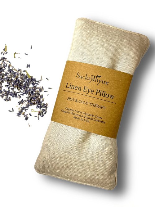 Sacksy Thyme Organic Linen Eye Pillow - Lavender & Flaxseed for Relaxation, Yoga, Stress Relief - Microwavable Heating Pad & Cool Compress - Made in USA - Gifts for Meditation - (Lavender)