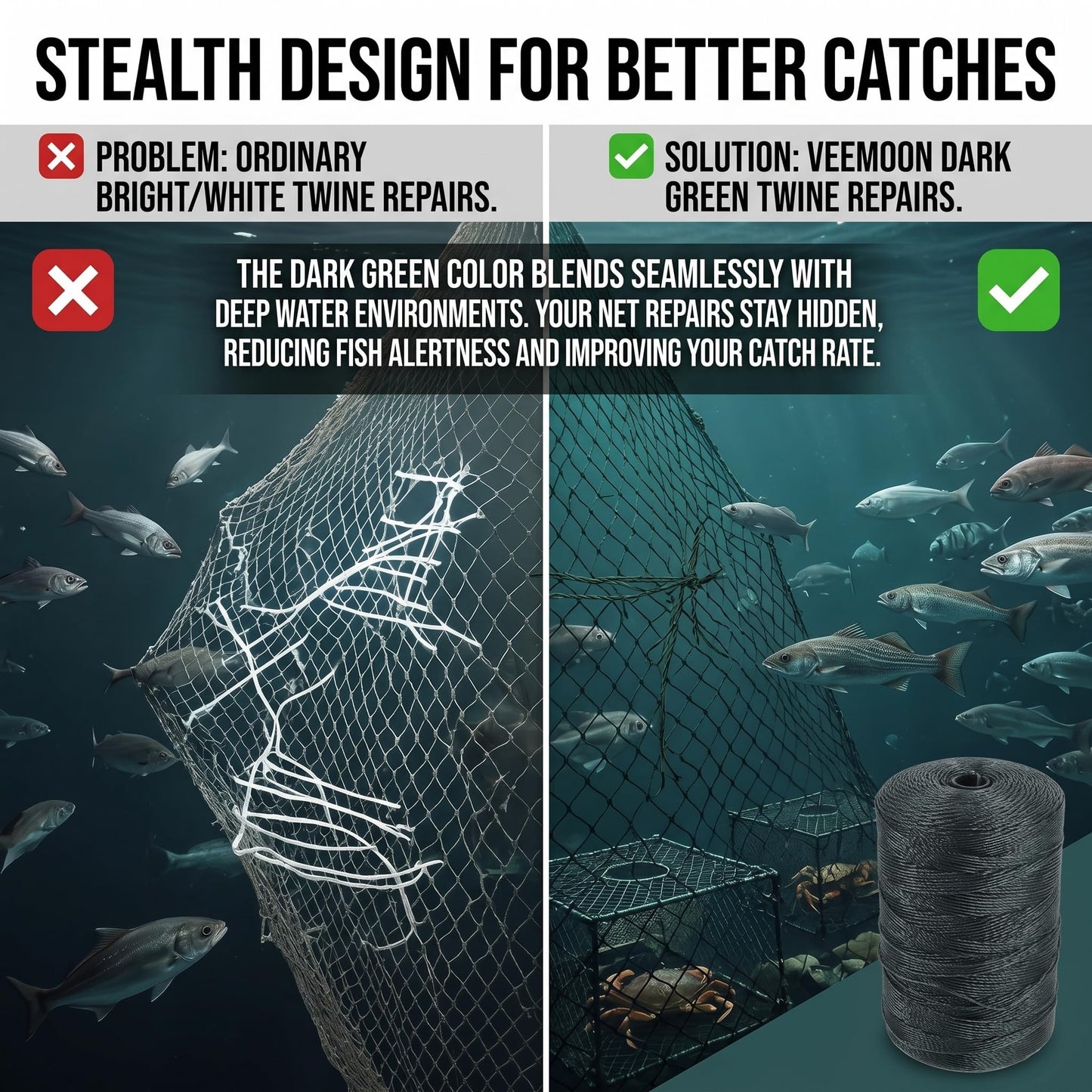 Veemoon 1 Roll Nylon String, 300M/980FT Fishing Net Repair Line Wrapping Rope Fish Net Repair Twine Braid Fishing Cord Twine DIY Crafts Rope to Weave Nylon Braided Wire, Bank String Dark Green