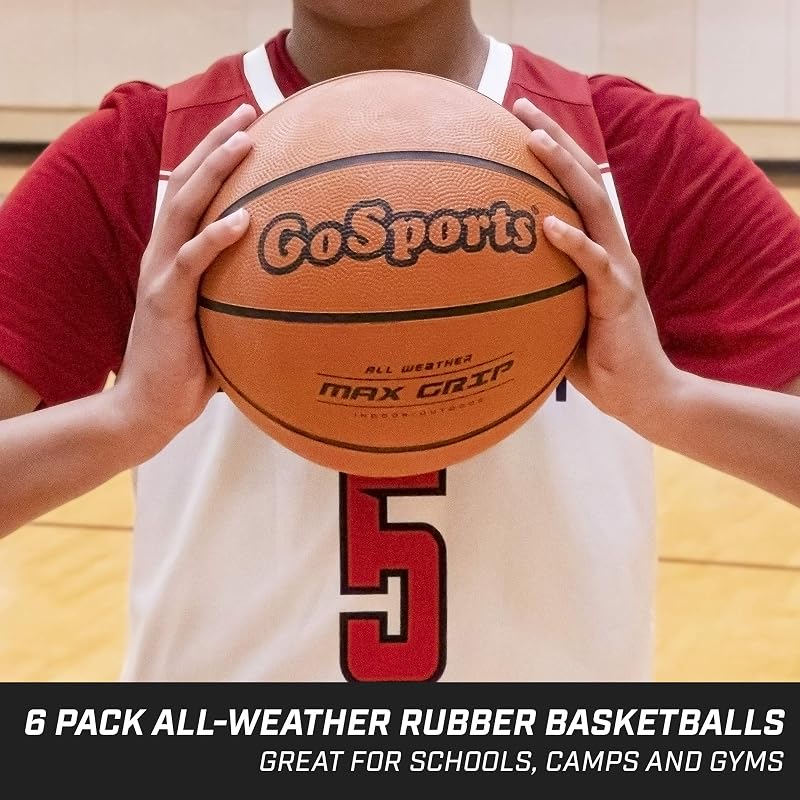GoSports Six Pack Size 6 Rubber Basketballs with Pump & Carry Bag - Indoor/Outdoor