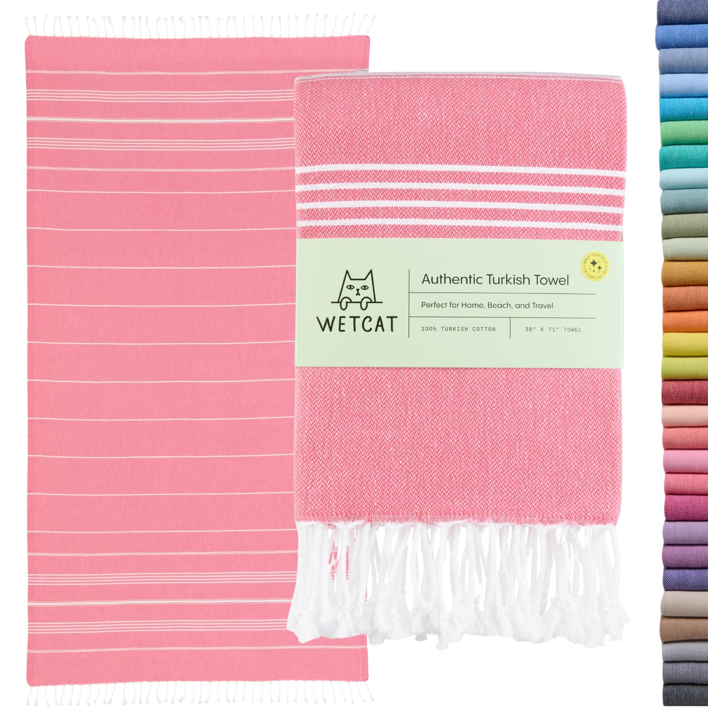 WETCAT Turkish Beach Towel Oversized (38"x71") 100% Turkish Cotton, Made in Turkey - Sand Free, Extra Large, Ultra Soft, Quick Drying, Compact & Lightweight for Travel - Pink