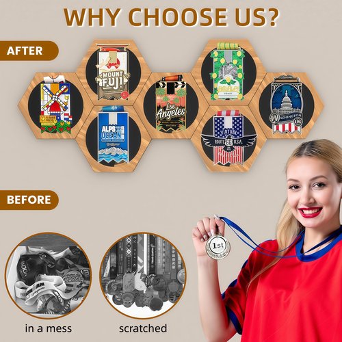 MLCLL Medal Hanger Display - Honeycomb Design, Bamboo Medal Holder, Easy No-Drill Adhesive Mounting, Stylish Wall-Mounted Medal Rack