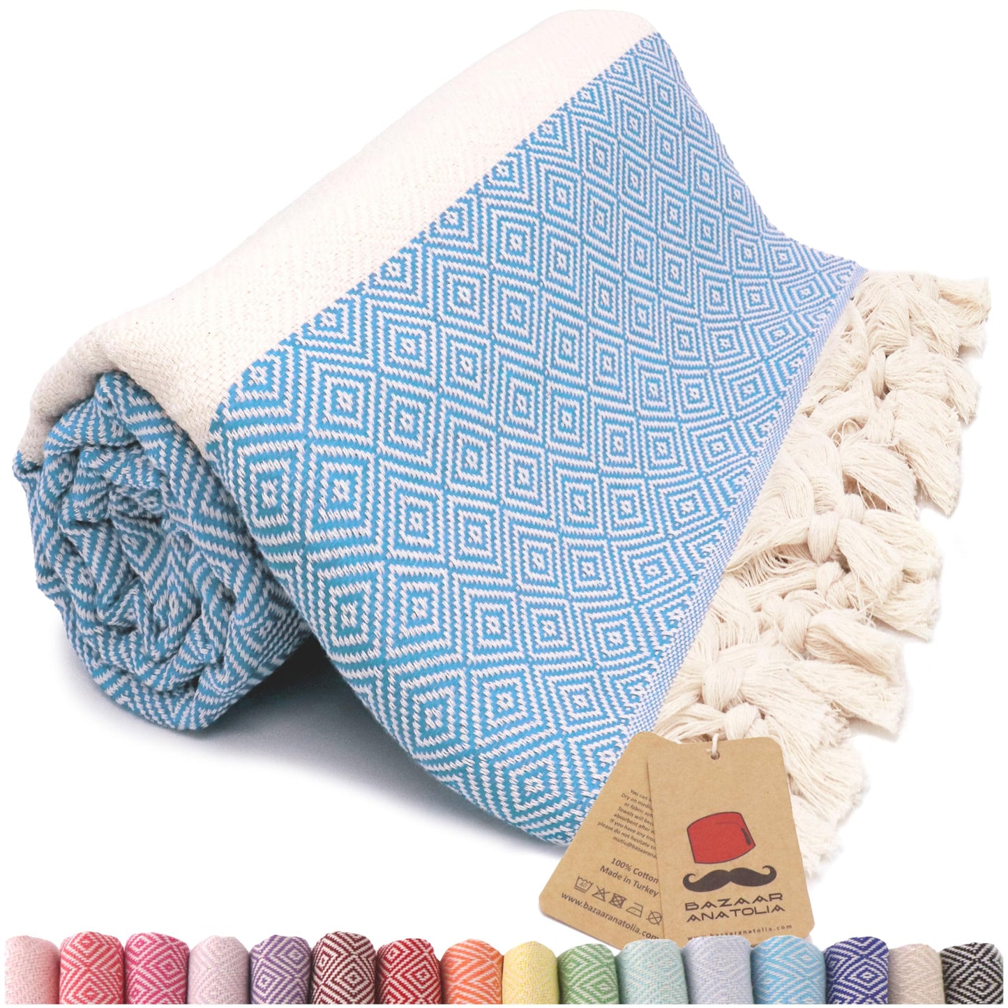 Bazaar Anatolia Turkish Beach Towel – 100% Cotton, Quick Dry, Sand Free Towel for Bathroom, Camping, Travel – Oversized 71x39 Inches – Diamond Turquoise