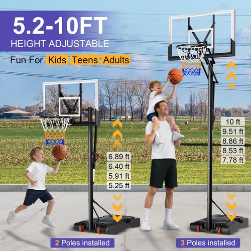 Basketball Hoop Outdoor, Upgraded 10FT Height Adjustable Basketball Goal System with Sturdy Base & Shatterproof 44" Backboard for Youth Adults – Backyard, Driveway & Indoor（Portable）