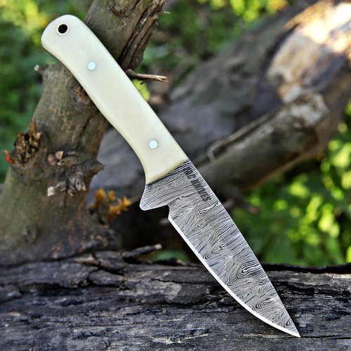 TAC KNIVES 7" Fixed Blade EDC Knife with Sheath - Damascus Steel Hunting Knife - Full Tang - Bone Handle - Pancake Carry Leather Sheath Snug Fit (BONE 303)