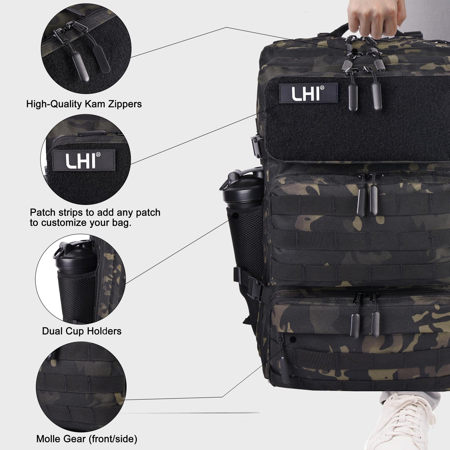 LHI Military Tactical Backpack for Men and Women 50L Army 3 Days Assault Pack Bag Large Rucksack with Shoe Compartment - Black CP