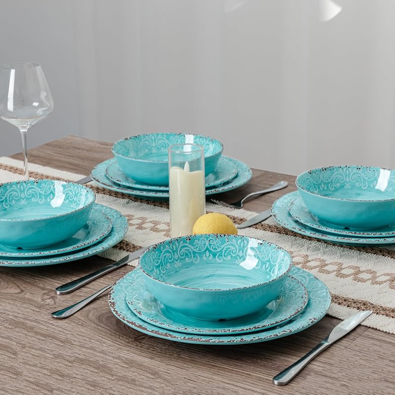 Teal 12-Piece Melamine Dinnerware Set for 4 – 4 Plates, 4 Salad Plates, 4 Bowls