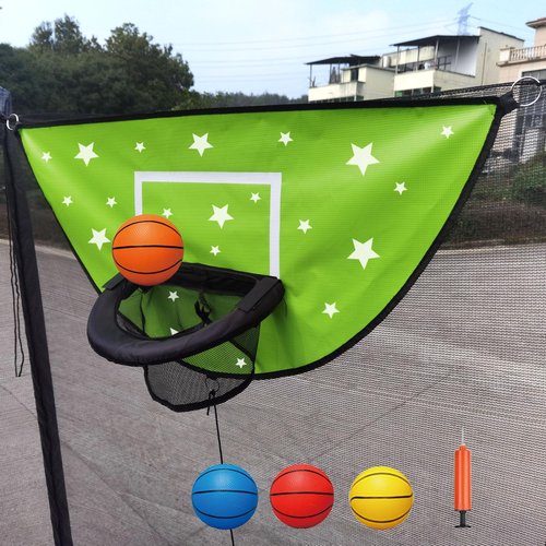 XATAMIO Trampoline Basketball Hoop, Attachment with Pump and Mini Ball，Universal Trampoline Accessories, Easy to Install, All Ages (Green)