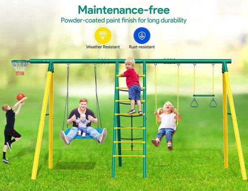 6-in-1 Swing Set for Backyard, Heavy Duty Metal Toddler Outdoor Swing Set Playset, Includes Basketball Hoop, 2 Swings, Trapeze Bar, Climbing Ladder and Nets