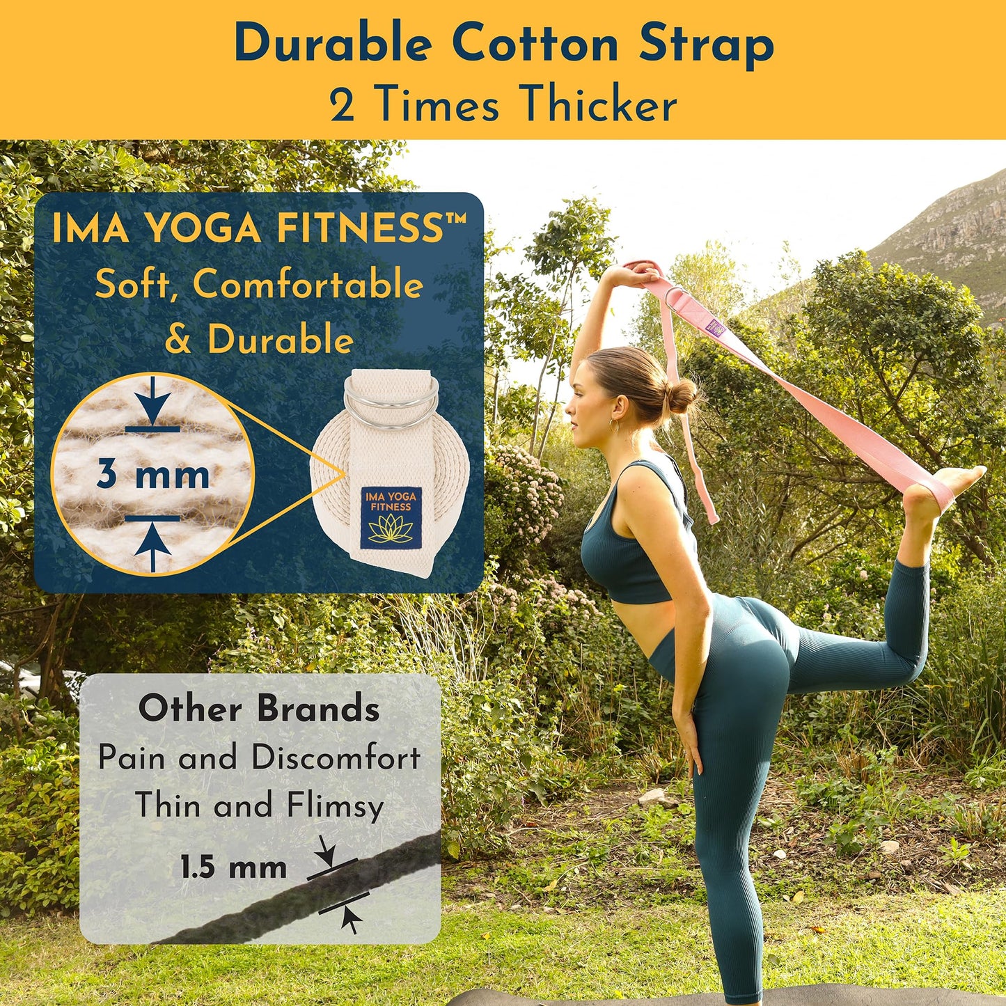 Ima Yoga Fitness - Adaptive Yoga Strap, Yoga Stretching Strap, Extra-Wide 2 Inches, 100% Naturally Soft Cotton, Steel D-Rings, Includes 100% Natural Cotton Storage Pouch (Natural, 8 feet)