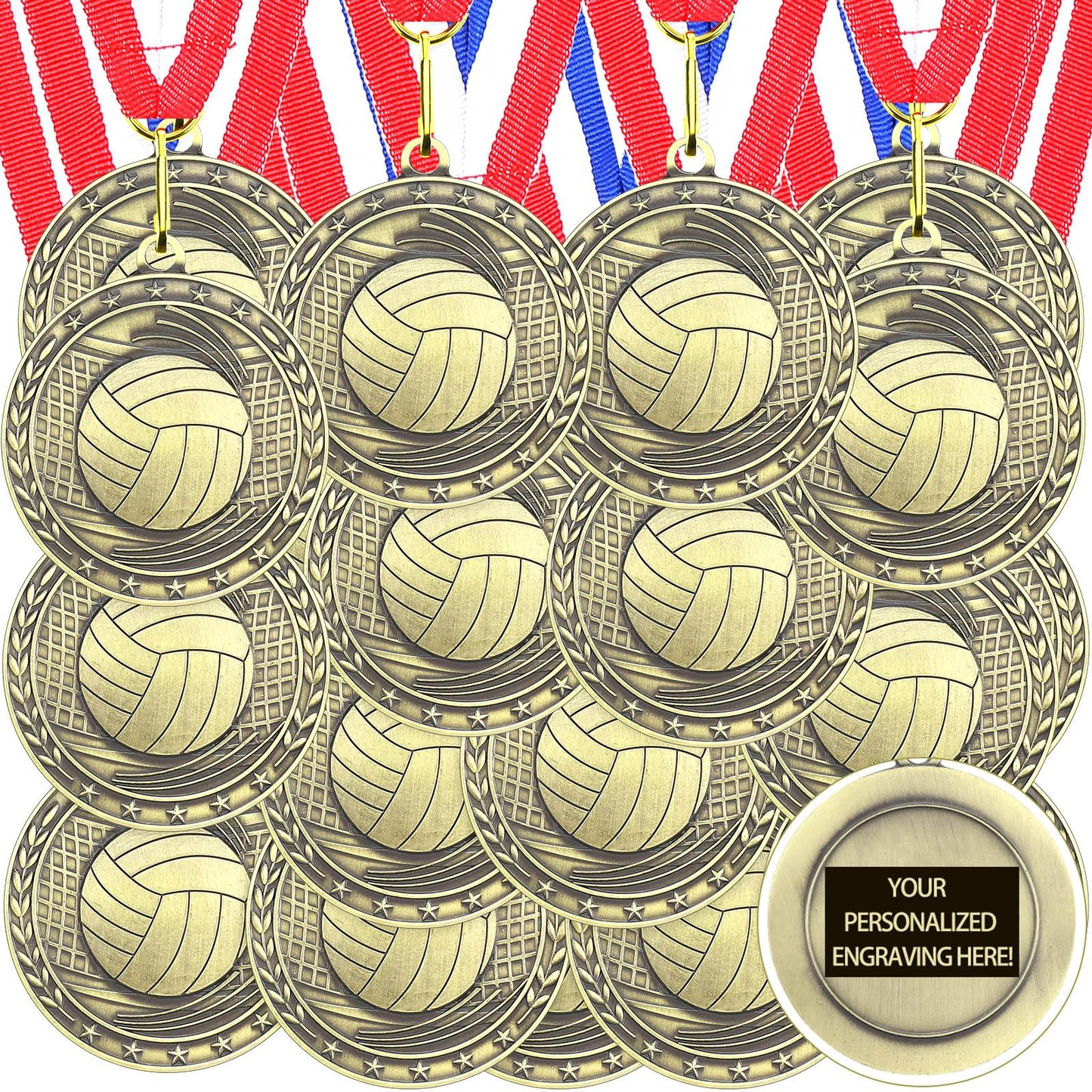 Equsion 36 Pcs 2'' Gold Medals Bulk Volleyball Football Basketball Soccer Baseball Archery Dink Ball Cheer Track Bowling Awards Medals with Ribbons for Sports Participation Winner Gift(Volleyball)