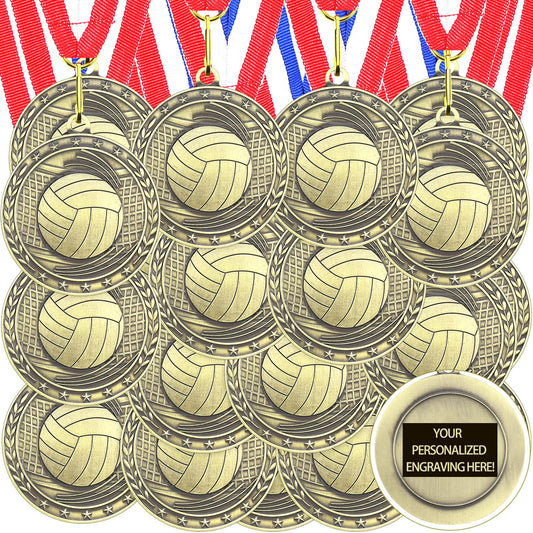 Equsion 36 Pcs 2'' Gold Medals Bulk Volleyball Football Basketball Soccer Baseball Archery Dink Ball Cheer Track Bowling Awards Medals with Ribbons for Sports Participation Winner Gift(Volleyball)