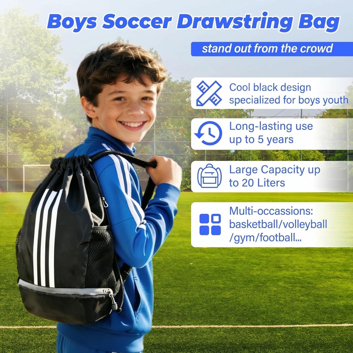 Champhox Soccer Bag, Youth Soccer Basketball Bag with Compartments Drawstring Backpack for Football Volleyball Gym Training (Black)