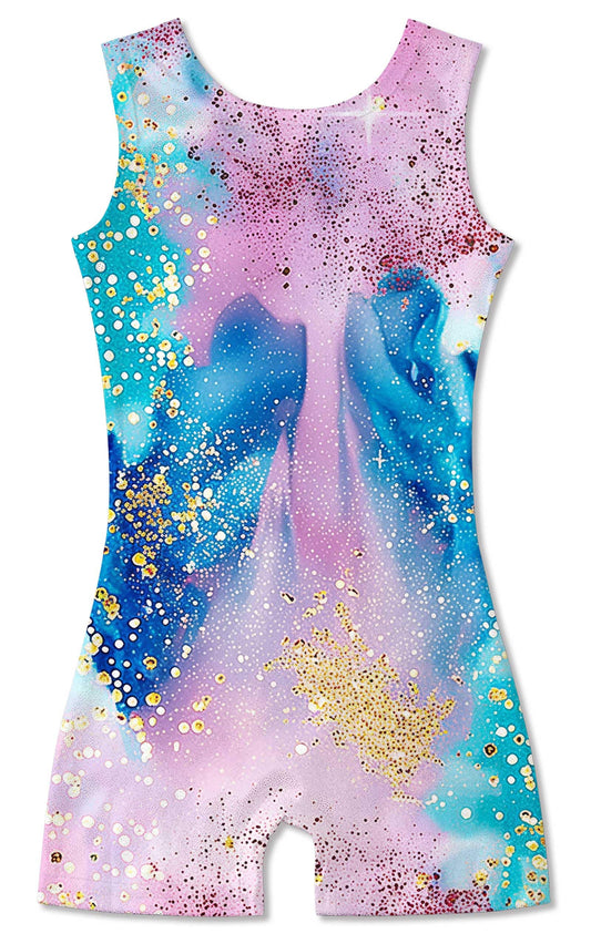 Funnycokid Gymnastics Leotards for Girls Toddler Outfits Dance Unitards Clothes with Shorts, Diamond Blue Pink, 3-4T