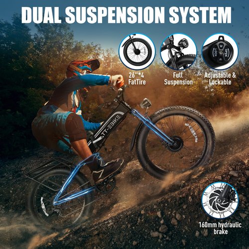 TT-EBIKE 5000W Dual Motor Folding Electric Bike Adults 42MPH with 60V 30AH Battery, 26x4 Fat Tire All Terrain Ebikes, Full Suspension E Bike, SHM 7-Speed Gear Electric Bicycle（63V）