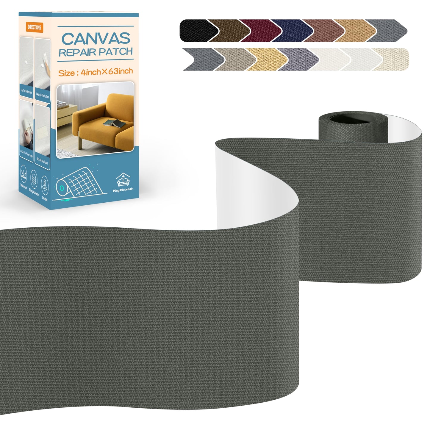 KING MOUNTAIN Canvas Repair Tape,Outdoor Gear Patch, 4×63 Inches,Waterproof,Self-Adhesive for Repairing Boat Covers,Sun Shades,Sofas,Tents,Lounge Chairs,Awnings (Dark Grey 2.0)