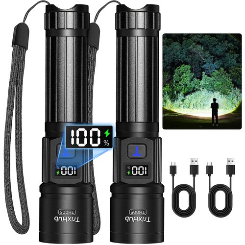 TrixHub Rechargeable Flashlights High Lumens, Super Bright Flash Light, 5 Modes Zoomable Linternas with LCD Digital Display, Powerful Handheld LED Flashlights for Emergencies Camping