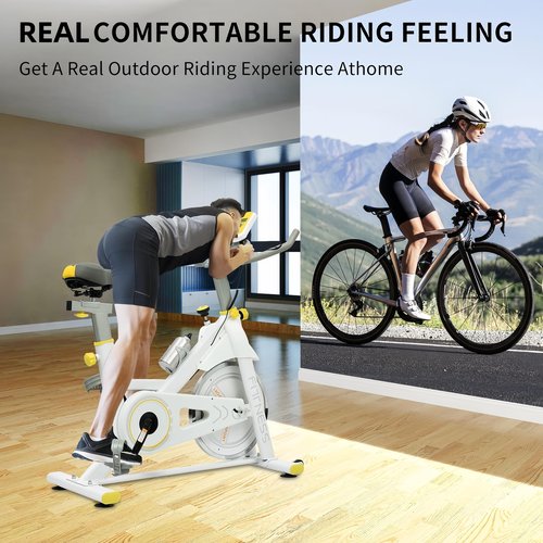 CYTERNE Stationary Bike with Tablet Mount, Indoor Exercise Bike with 330lbs Weight Capacity for Home,seniors, Cardio Workout, Yellow+ White
