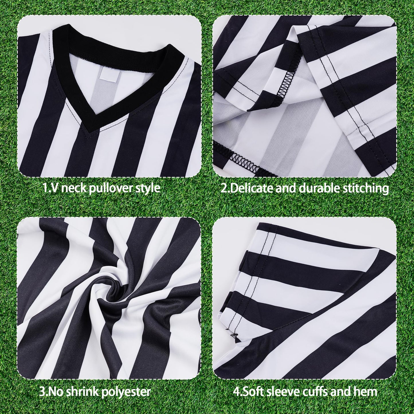obmwang Kids Referee Shirt Costume, Black and White Stripe V Neck Referee Shirt, Yellow Penalty Flag and Stainless Steel Whistle for Soccer Basketball Football