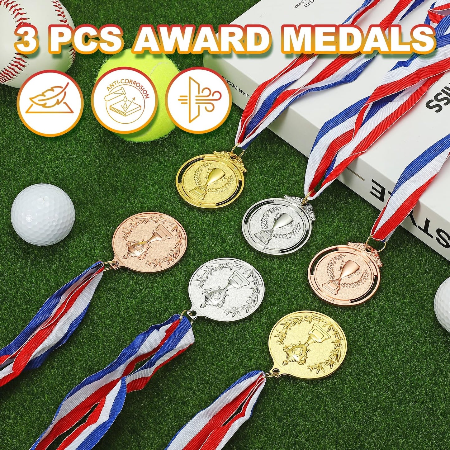 PATIKIL 2" Metal Award Medals, 3 Pcs Winner Medals with Neck Ribbon for Party Competitions Sports Adults Participation, Golden (Trophy Style)