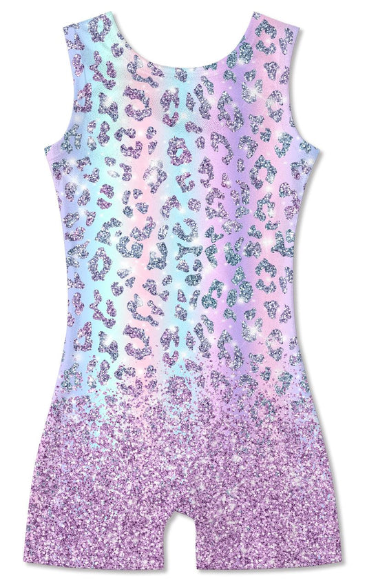 Funnycokid Gymnastics Leotards for Girls Toddler Outfits Dance Unitards Clothes with Shorts, Diamond Leopard Colorful Purple, 3-4T