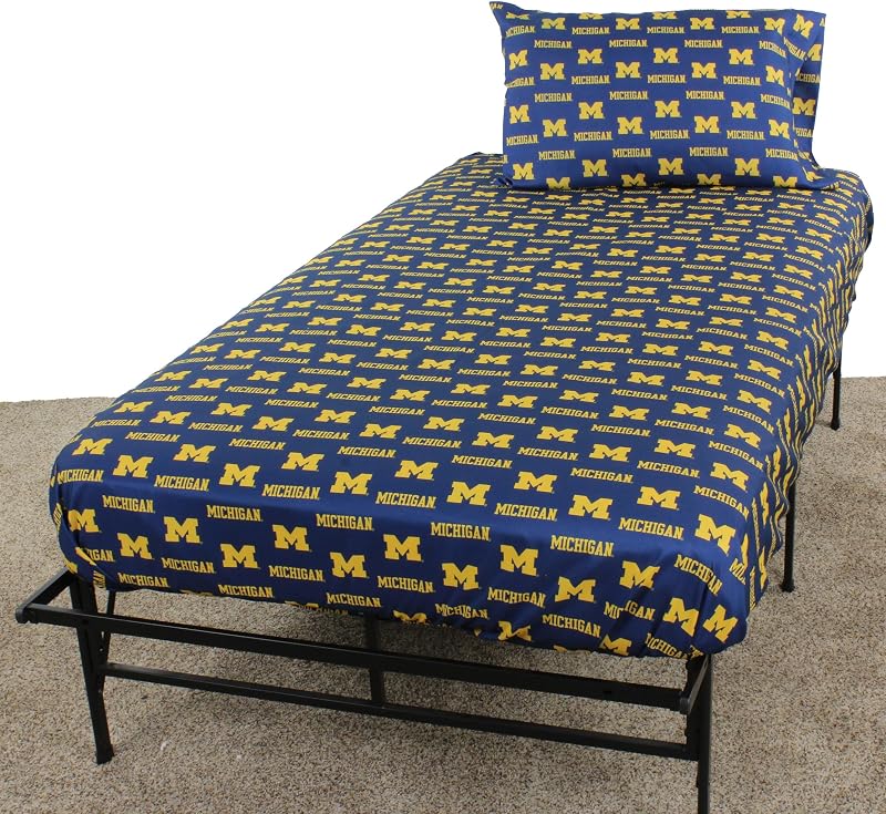 Michigan Wolverines Full Size 4-Piece Sheet Set - 100% Cotton, Flat & Fitted Sheets + 2 Pillowcases