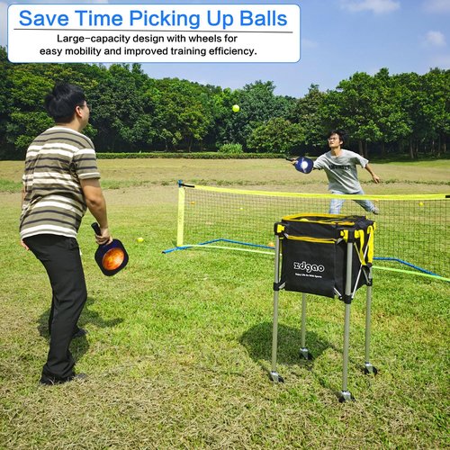LOMGWAYS Pickleball Tennis Ball Hopper-Foldable Lightweight Tennis Ball Cart Holds 180 Tennis with Removable Bag,Wheel,Side Pocket for Training/Teaching, for Tennis/Pickleball/Baseball/Softball