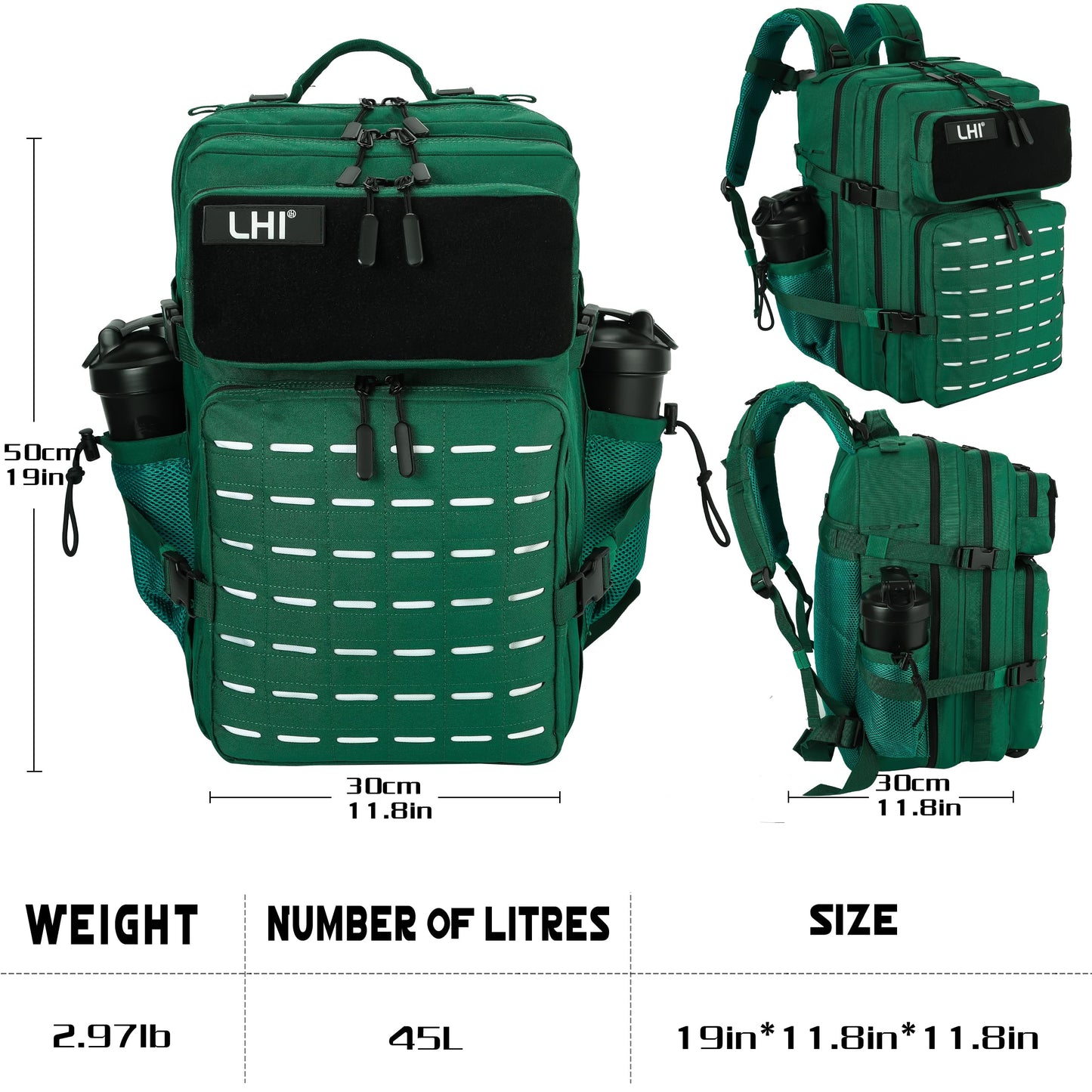 LHI Tactical Military Backpack for Men and Women 45L Large Molle Army Assault Pack 3 Day Travel Backpacks - Dark Green