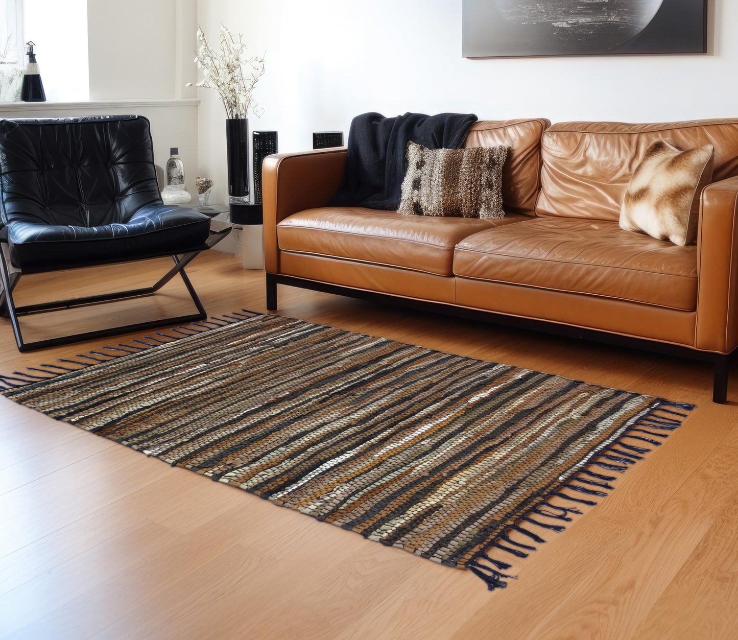 COTTON CRAFT Leather Chindi Area Rug - Boho Farmhouse Rustic Accent Rug - Neutral Handwoven Reversible Natural Organic Recycled Leather Throw Rug - Entryway Living Room Gift - 3' x 5' - Tan Multicolor