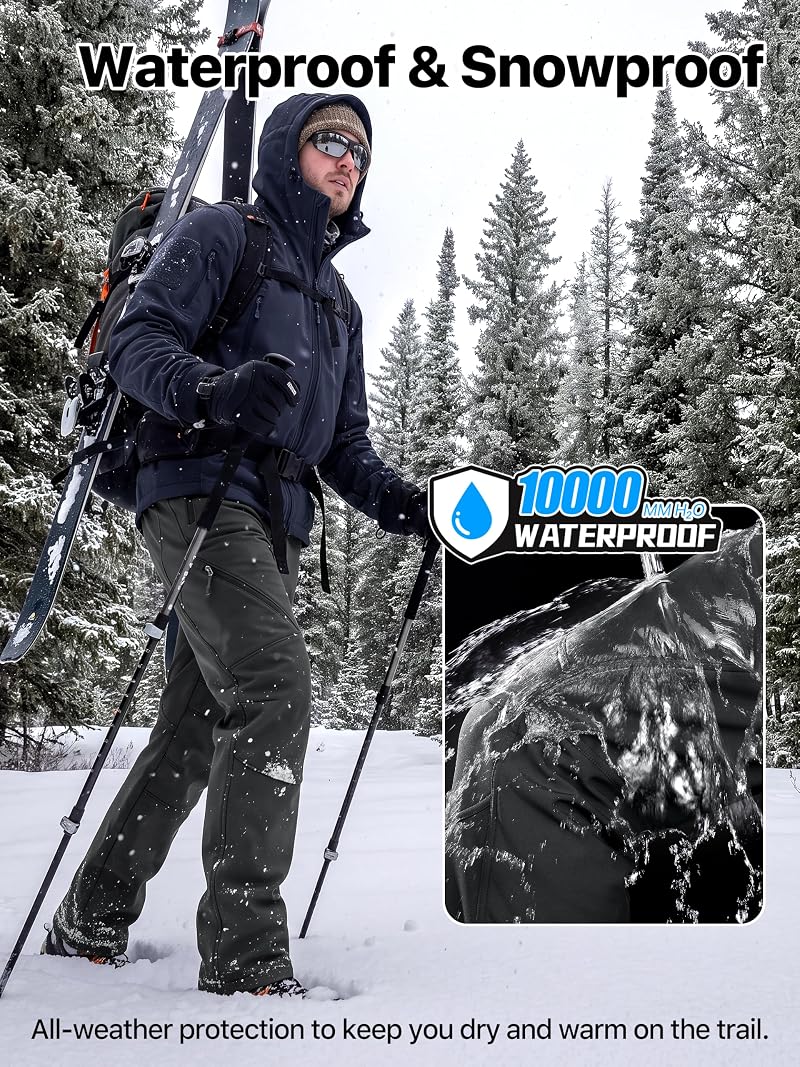 FREE SOLDIER Men's Fleece Lined Snow Ski Pants – Black 32W x 30L