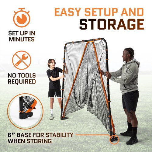 Lacrosse Goal Net (6'W x 6'H x 7'D) Folding Lacrosse Net for Backyard | Powder Coated Steel Frame, UV Treated Netting, Use with Rebounder & Backstop Goal Nets [Includes Carrying Bag & U Stakes]