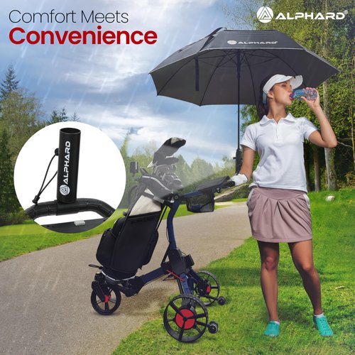 Alphard Electric Golf Cart with Remote - Cybercart Electric Golf Caddy, Motorized Golf Caddy w Accessories - Cup Holder, Umbrella Holder, Anti-tip Wheels, Phone Holder, Magnetic pad - Compact Folding