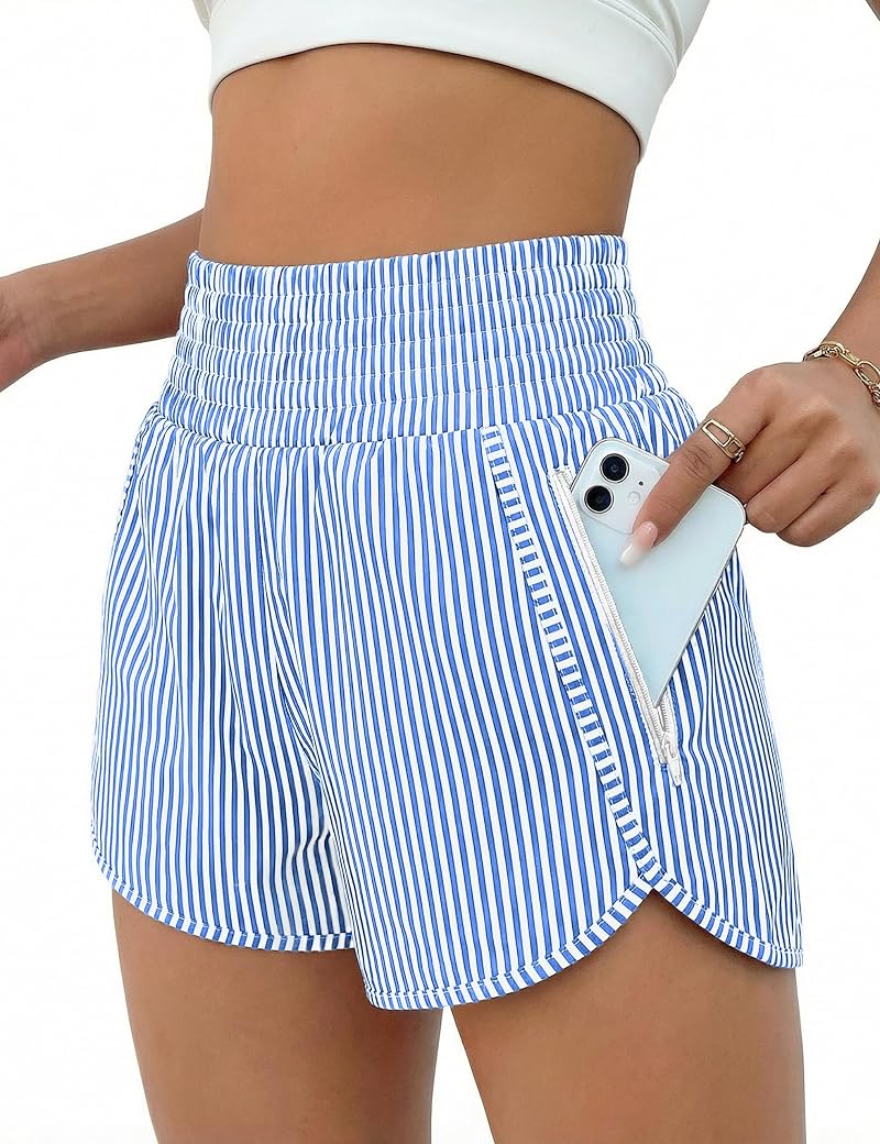 BMJL 2.5" High Waisted Athletic Shorts with Zipper Pocket - Blue Striped, Medium