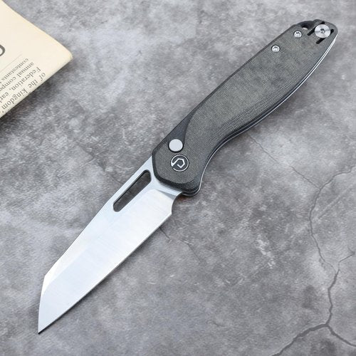 DEFCON Pocket Folding Knife- Button Lock with Thumb Hole Opener, 3" 14C28N Blade, Composite Handle, Utility Knife for Men Women Gift -TD020 WARHAWK- (Black Canvas Micarta)