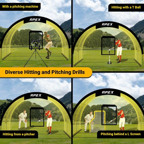 Apex Sports Portable 22ft x 12ft x 8ft Baseball & Softball Batting Cage with Pitching Machine Hole, 3ply 1.25'' Yellow Netting, Secure Steel Poles, 12.7MM Fibreglass Poles, Carry Bag Included